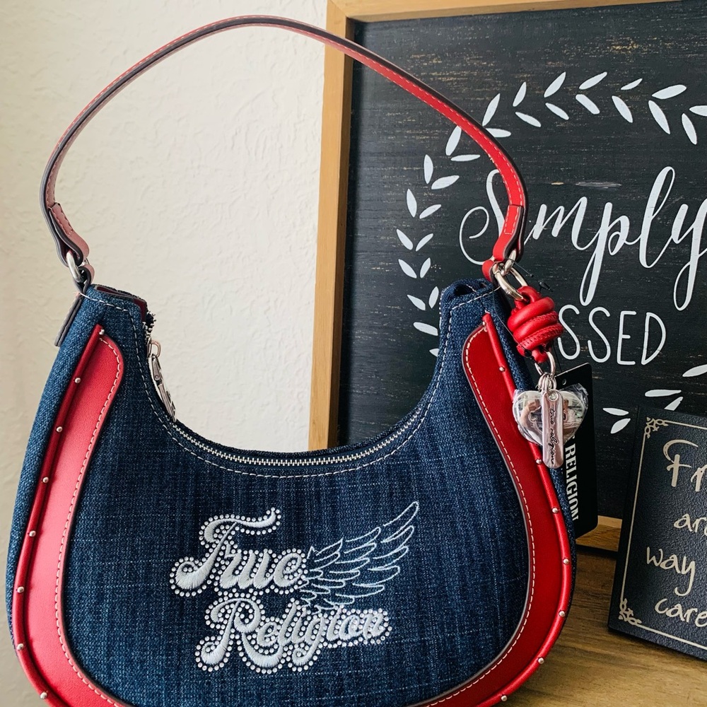 True Religion Denim Shoulder Bag with Red Trim - Picture 3 of 10